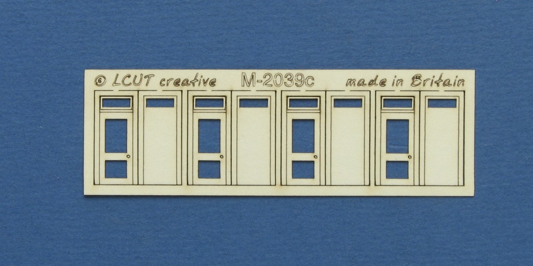 M 20-39c N gauge kit of 4 single doors with square transom type 2 Kit of 4 single doors with square transom type 2. Designed in 2 layers with an outer frame/margin. Made from 0.35mm paper.
